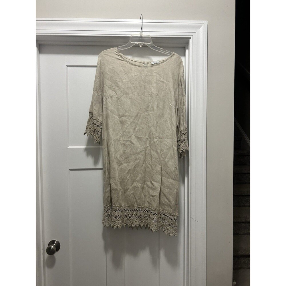 Rosemarine Beige Tan Linen Shift Tunic Dress Sand Italy Lace Size Large Crochet